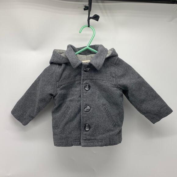 Old Navy wool blend fleece lined hooded grey jacket size 6-12 months pea coat - Picture 1 of 5